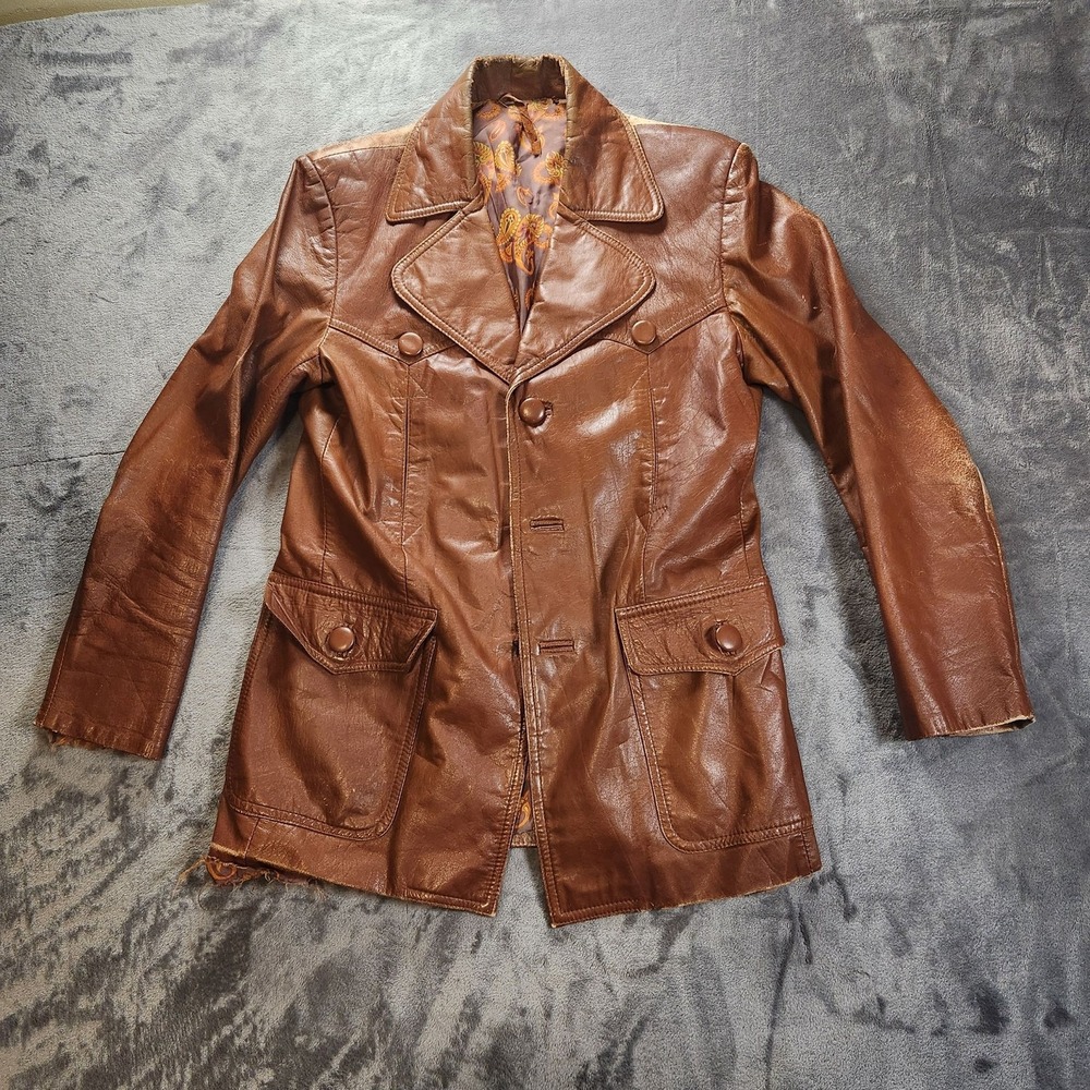 VTG Leather Jacket Mens Small Brown Cognac 70s Paisley Lined Car Coat Hong Kong
